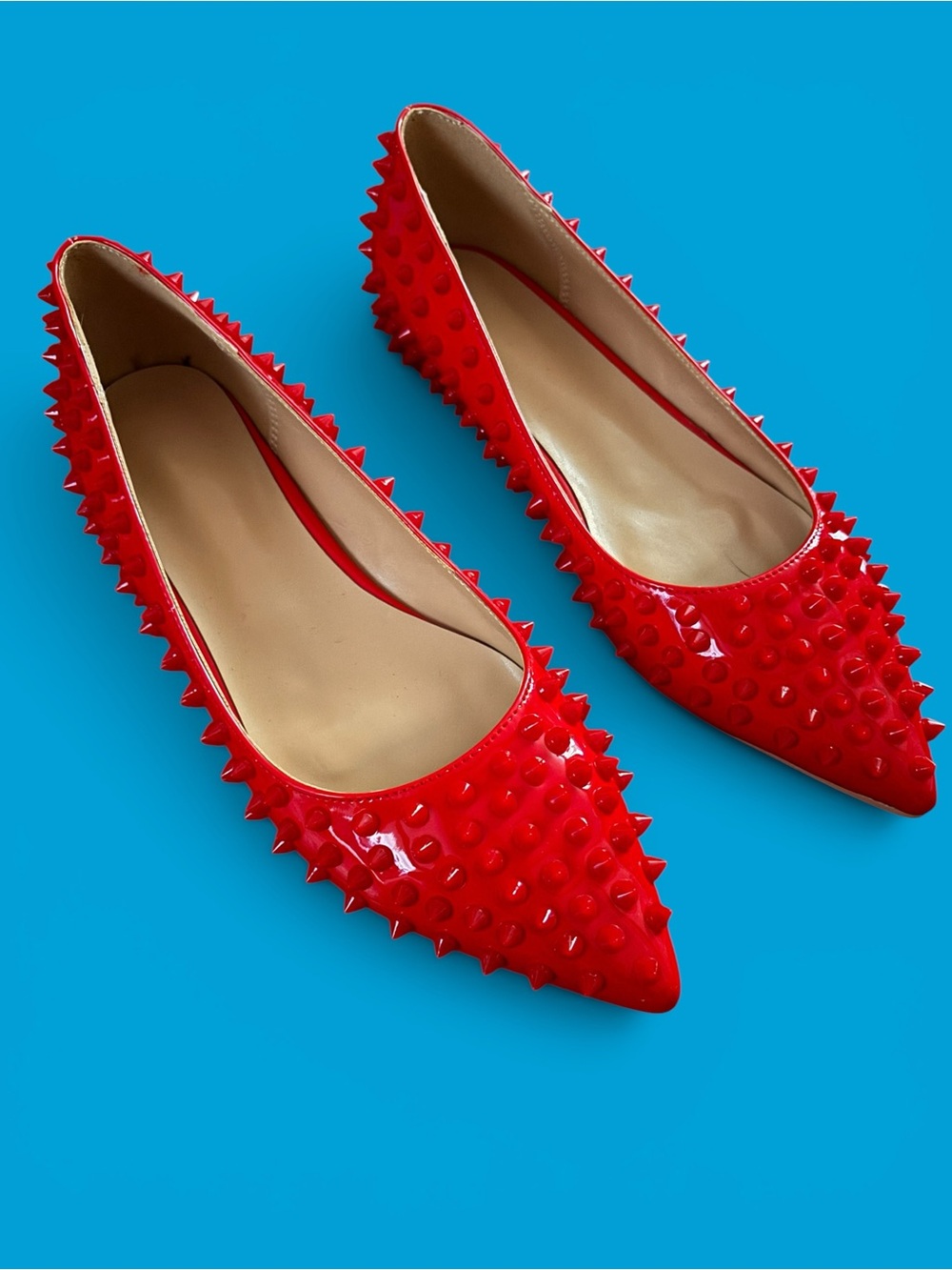 Red Studded Pointed-Toe Flats - brand new